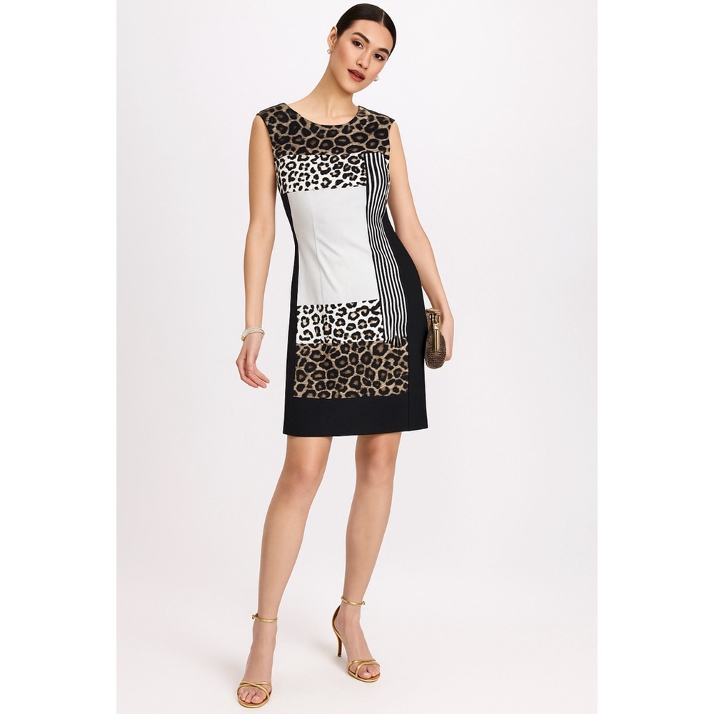 Kenneth Cole Woman Leopard Sheath Sleeveless Dress UK8 Classic Party Eclectic